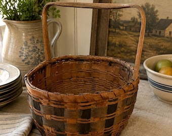 Antique Hand Woven Oak Splint Gathering Basket, Carved Bent Wood Handle 12.25"L