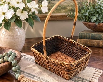 Vintage Woven Gathering Basket Fixed Bentwood Handle Primitive Farmhouse Decor