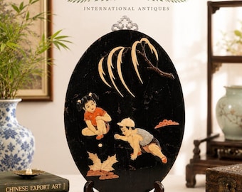 Chinese Black Lacquer Oval Wall Plaque Hand-carved Stone Inlay Children Scene