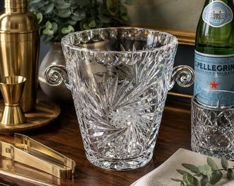 Heavy Cut Crystal Ice Bucket w/ Scroll Handles | Pinwheel & Starburst Cut | 7”