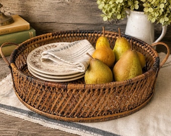 Vintage Handwoven Oval Rattan Serving Basket Tray with Handles Open Lattice
