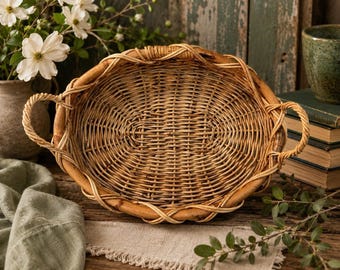 Vintage Oval Wicker Basket Tray Twisted Handles Handwoven Rustic Farmhouse Decor