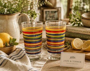 Vintage Libbey Royal Norfolk Fiesta Mambo Striped Tumblers Pair 5.25” Glasses