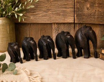 Vintage Hand Carved Wooden Elephant Family Set of 5 Graduated Folk Art Decor