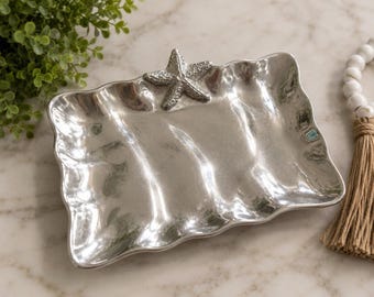 Coastal Chic Silver Serveringsbricka, Sjöstjärna Strandköksdekor, Tenn