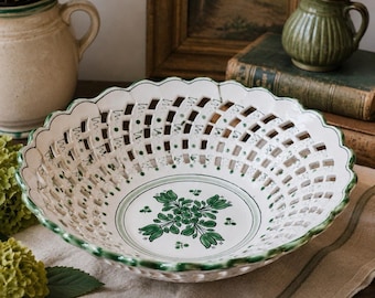 Vintage portugisisk handmålad hålad keramisk fruktskål grön blommig 30 cm