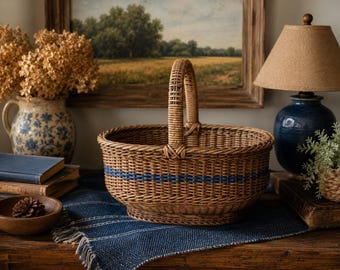 Vintage Handwoven Gathering Basket | Navy Blue Accent | Split Rattan