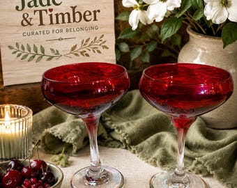 Vintage Ruby Red Coupe Champagne Glasses Pair Cranberry Cocktail Barware MCM