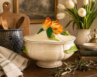 Vintage italiensk majolica-stil tulpan täckt serveringsskål / dekorativ terrin