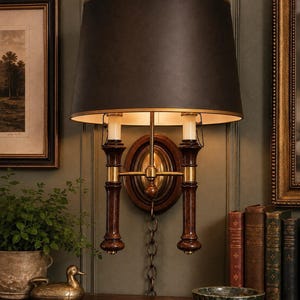 Vintage Knob Creek Morganton Wood Brass Double Light Wall Sconce Lamp 1960s 70s