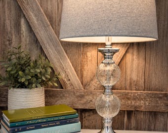 Crackle Glass Table Lamp with Linen Herringbone Shade | Chrome Accent Lamp | Modern Glam Coastal Farmhouse Bedroom Decor