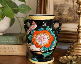 Vintage handmålad japansk dubbelsidig blomvas med dubbla handtag, svart, mitten av århundradet, 13 cm