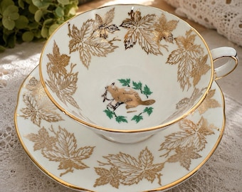 Vintage Staffordshire benporslin Kanada Beaver tekopp och fat England