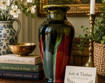 Vintage Art Pottery Vase Olive Green Oxblood Red Drip Glaze Stoneware 9” Heavy