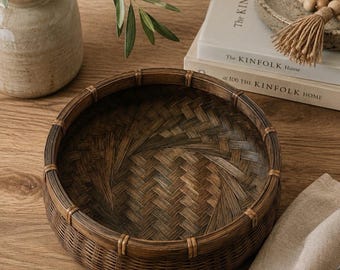 Vintage Handwoven Bamboo Basket Round Dark Stained Serving Bowl 9” Rustic Decor