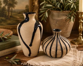 Vintage Studio Pottery Bud Vase Pair Handmade Speckled Ceramic Black Drip Glaze