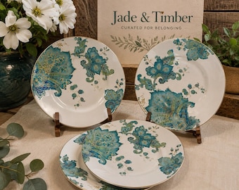 222 Fifth Eliza Teal Fine Porcelain Salad Plates - Set of 4 - Blue Green Floral