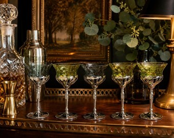 MCM Chrome Cambridge Farberware Art Deco l Glass Inlay Cordial Goblets (5)