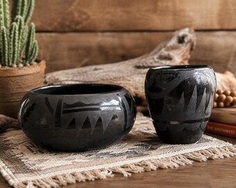 Vintage Southwestern Blackware Pottery Bowl & Vase Set | Pueblo Tradition Style