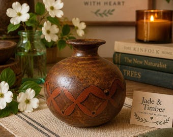 Studio Pottery Bud Vase Brown w/ Red Geometric Textured Ceramic Art Decor 4.5"