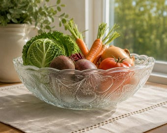 Skål i frostat glas, kraftig etsad, vegetarisk dekor, 70-tal, mittdekoration, 25 cm