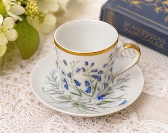 Vintage Hackefors Porslin Sweden Demitasse Bluebell tekopp & fat m/ guldkant