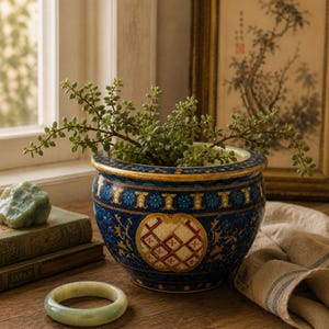 May include: A round ceramic planter featuring a deep blue base with intricate gold and light blue floral patterns, a gold-rimmed top, and a central medallion with a red and white lattice design, containing a small green succulent plant.
