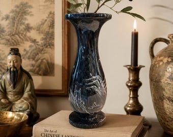 Vintage Chinese 11" Black Marbled Granite Vase w/Hand Etched Mountain Landscape