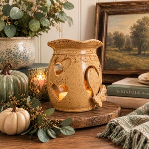 Podpisany przez Lori Ann Pottery Butterfly Heart Stoneware Tealight Candle Lantern NC