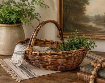 Vintage engelsk stil Pilkorg Handvävd Oval med Böjt Trähandtag