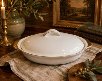 Vintage White Porcelain Covered Serving Dish Gold Trim Oven to Table 8611