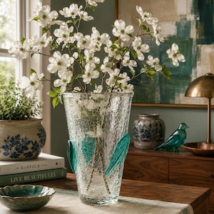 May include: A clear glass vase with a crackled texture and three protruding teal glass leaf accents, filled with white dogwood branches. The vase sits on a wooden table, showcasing its tapered shape and the intricate web-like pattern of the glass.