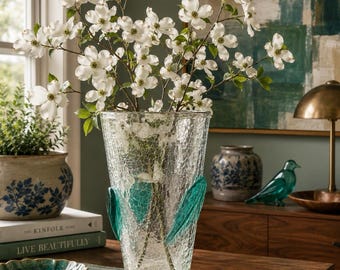 Vintage Blenko 366SL Leaf Crackle Glass Beaker Vase Aqua Applied Leaves MCM