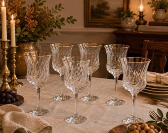 Set of 6 Vintage Gold Rim Optic Swirl Wine Goblets Mid Century Clear Glass