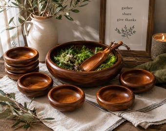 Vintage Solid Wood Turned Bowl Set of 7 Mid Century Dinner Salad