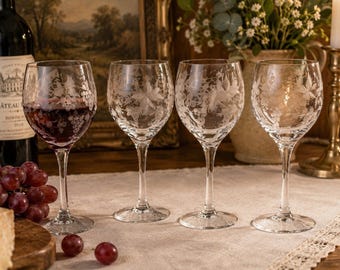 Vintage Etched Crystal Wine Glasses Set of 4 Grapevine Leaf Stemware 7” H