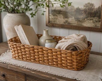 Vintage Handwoven Rectangular Basket Wood Base Farmhouse Centerpiece 26”