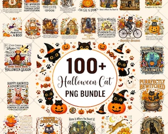 Może przedstawiać: Cyfrowa kolekcja ponad 100 ilustracji kotów w klimacie Halloween, zawierająca czarne koty, dynie, duchy i jesienne liście. Każda grafika zawiera ozdobne napisy, motywy sezonowe oraz świąteczne obrazy do wykorzystania w projektach.