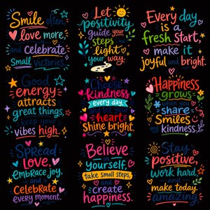 Pacchetto di immagini PNG con citazioni motivazionali / Clipart di affermazioni positive / Frasi incoraggianti sull'amor proprio per magliette