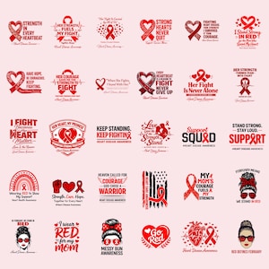 Puede incluir: Una colección de diseños de concienciación sobre enfermedades cardíacas en rojo y blanco. Los diseños incluyen lazos, corazones y textos como "Strength in Every Heartbeat" e "I Stand Strong in Red".