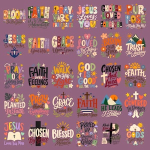 Pode incluir: Uma coleção de trinta designs gráficos coloridos com tipografia e ilustrações de temática cristã sobre um fundo roxo sólido. Os designs incluem frases como Bloom In His Grace, Faith Is The Adventure e God Is Good, decoradas com cruzes, flores, corações e sóis.