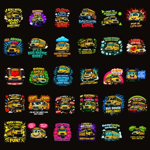 Puede incluir: Una colección de ilustraciones de autobuses escolares coloridos con varias frases como "Rolling through life" y "Bus Driver Vibes Only!" sobre un fondo negro. Cada autobús tiene un diseño y texto únicos.