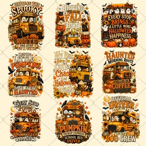 Puede incluir: Una colección de nueve ilustraciones digitales que muestran autobuses escolares amarillos decorados con fantasmas, calabazas, hojas de otoño y girasoles. Cada diseño incluye texto festivo de Halloween como Driving the Spooky Route y Official Driver of the Boo Crew, sobre un fondo crema claro.