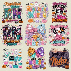 May include: A collection of nine digital graphic designs featuring nursing and Halloween themes. The illustrations include text such as Registered Nurse, RN, and Halloween, alongside motifs of ghosts, pumpkins, stethoscopes, syringes, and medical gear.