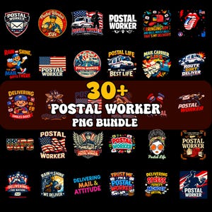 Può includere: Una collezione digitale di oltre 30 design grafici colorati a tema postale, che include illustrazioni di portalettere, furgoni per le consegne, cassette della posta e bandiere americane con testi come Postal Worker e Delivering Smiles.