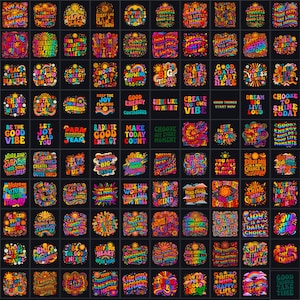 May include: A digital collection of 100 square graphic designs featuring colorful, retro-inspired typography and illustrations with motivational phrases like You Are Pure Good Energy, Happiness Is A Daily Choice, and Shine Like You Mean It.
