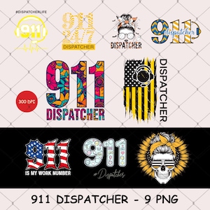 以下が含まれることがあります： 「911 Dispatcher」のデザインが施された9つのPNGグラフィックのコレクション。デザインには、様々なスタイルで「911」の数字が含まれており、花柄、アメリカ国旗、スカルをテーマにしています。テキストには「#DISPATCHERLIFE」、「DISPATCHER」、「IS MY WORK NUMBER」が含まれています。