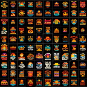 May include: A collection of 100 square graphic designs featuring summer themes, palm trees, sunsets, and ocean waves in vibrant orange, yellow, and blue colours against a black background, each containing unique motivational text phrases.