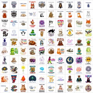 Op de afbeelding: Een verzameling van 100 individuele vierkante stickers met diverse cartoon-dieren, mythische wezens en objecten, elk vergezeld van humoristische tekstbijschriften zoals I'm absolutely shocked en It is what it is.