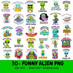 Rolig Alien PNG-paket | UFO Space Clipart-paket | Retro Galaxy Humor Digital nedladdning
